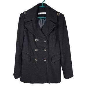 Kenneth Cole Pea Coat Women's S Black Wool Blend Double Breasted Career READ